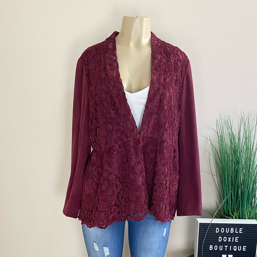 CHICO'S | Maroon Faux Suede And Lace Peplum Blazer Sz 2 (12)